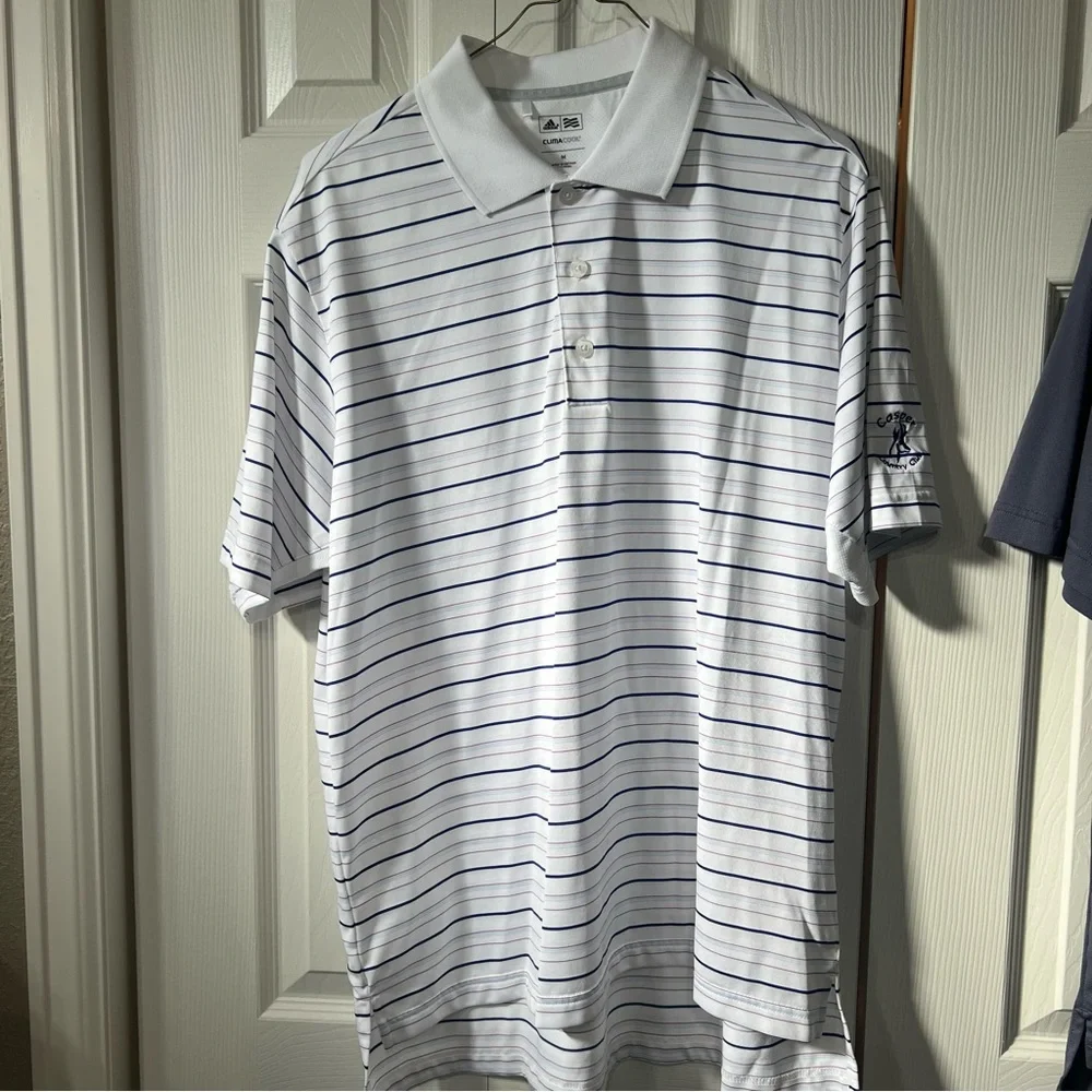 Adidas Golf Climacool Men M white & Navy Striped Polo Shirt with logo Activewear
